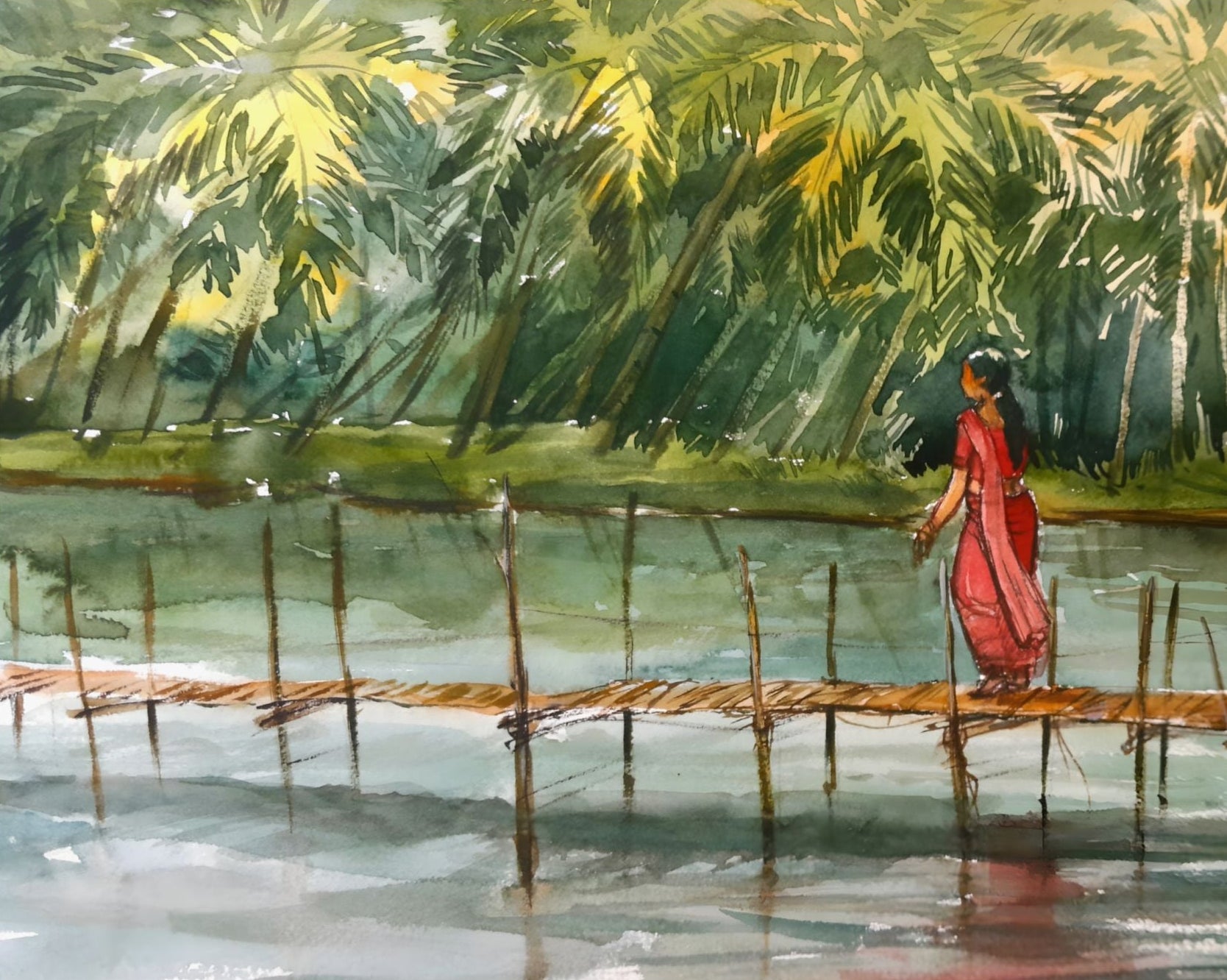 Painting of a woman in a red dress walking on a wooden bridge over water with palm trees in the background.