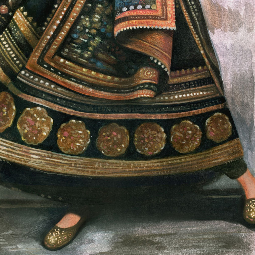 Decorative skirt with intricate patterns and embellishments on a plain background