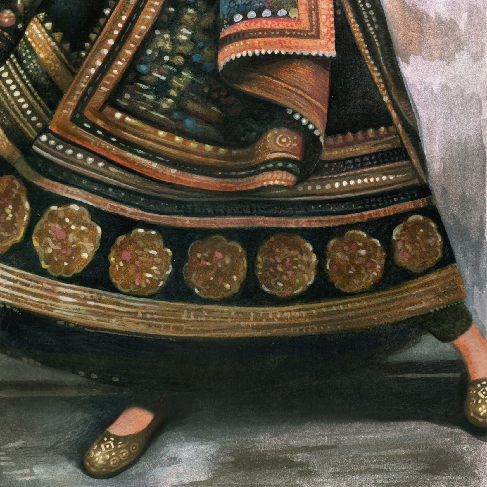 Decorative skirt with intricate patterns and embellishments on a plain background